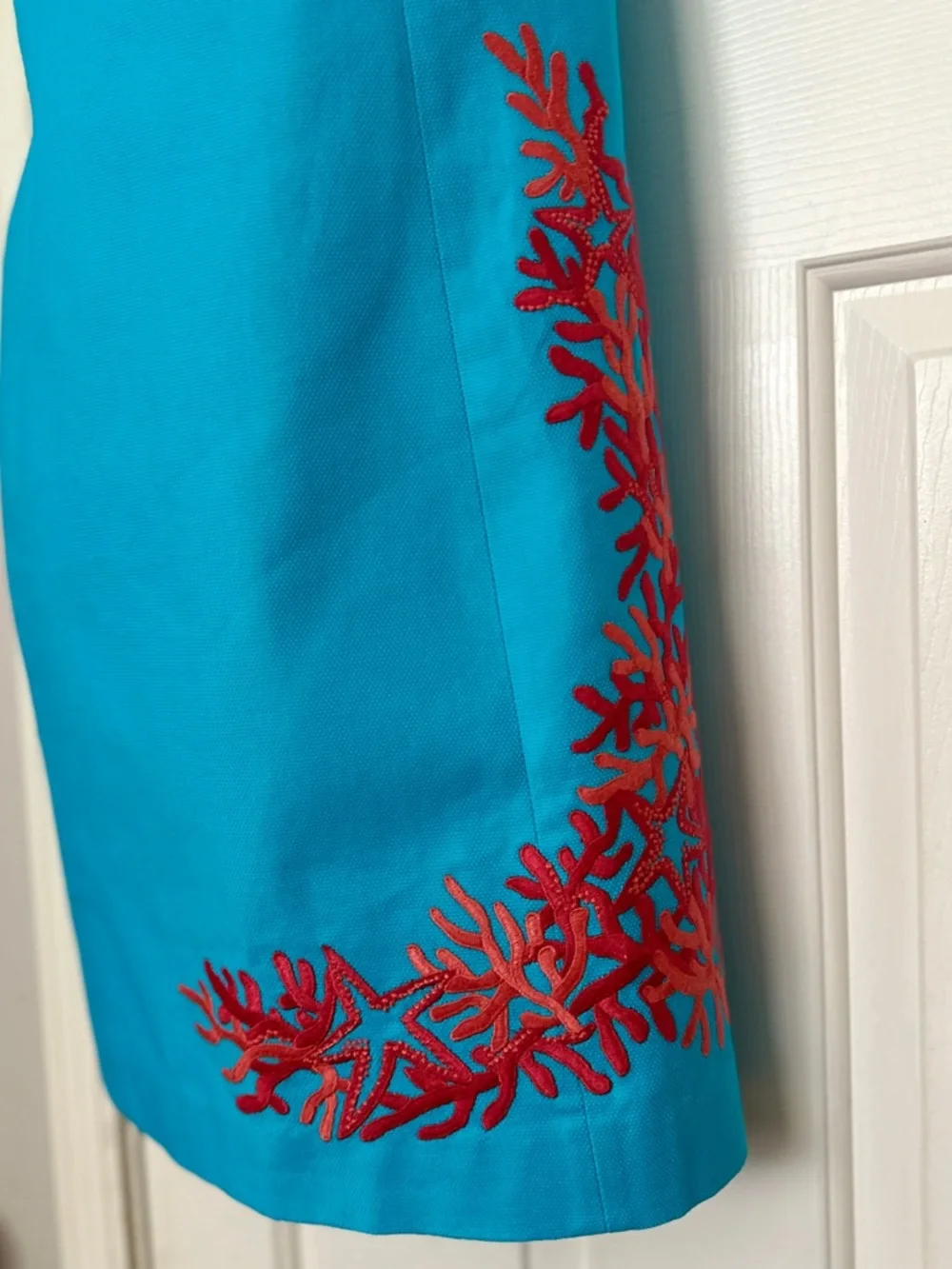 Lilly Pulitzer Turquoise Strapless Dress with Red Embroidered Accents - Picture 3 of 8